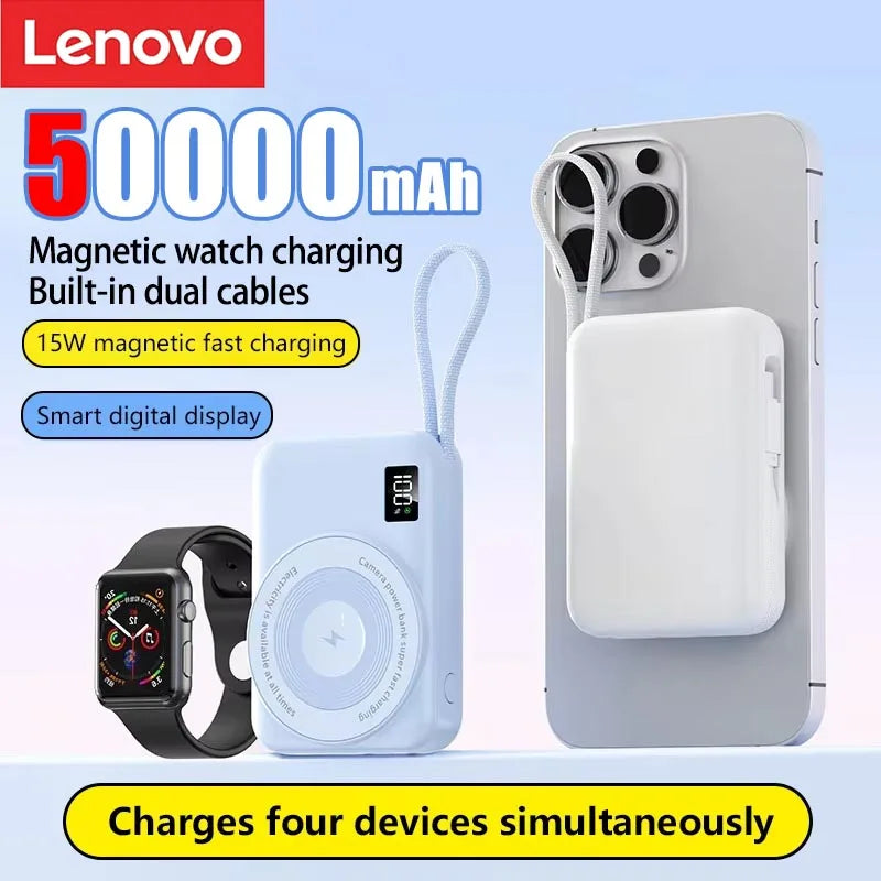Lenovo 50000mAh Magnetic Power Bank Fast Charging Built-in Cable For Apple Watch Mobile Phone Wireless Compact Mobile Power Bank