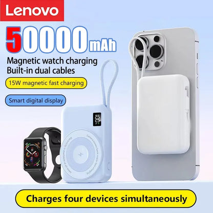 Lenovo 50000mAh Magnetic Power Bank Fast Charging Built-in Cable For Apple Watch Mobile Phone Wireless Compact Mobile Power Bank