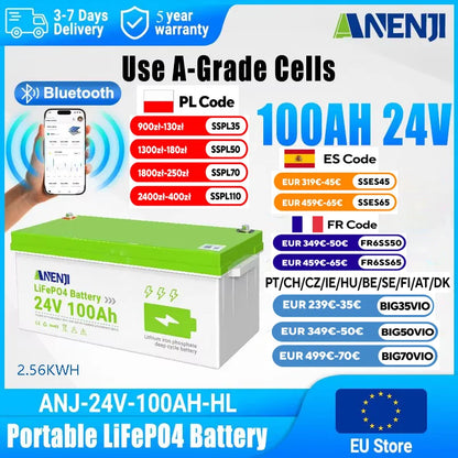 ANENJI LiFePO4 Batteri 24V 100Ah 2,56kWh – Bluetooth, 100A BMS (200A puls), Grade A Prismatiska Celler, >6000 Cykler, IP65, 5års Garanti, EU-lager (Polen)