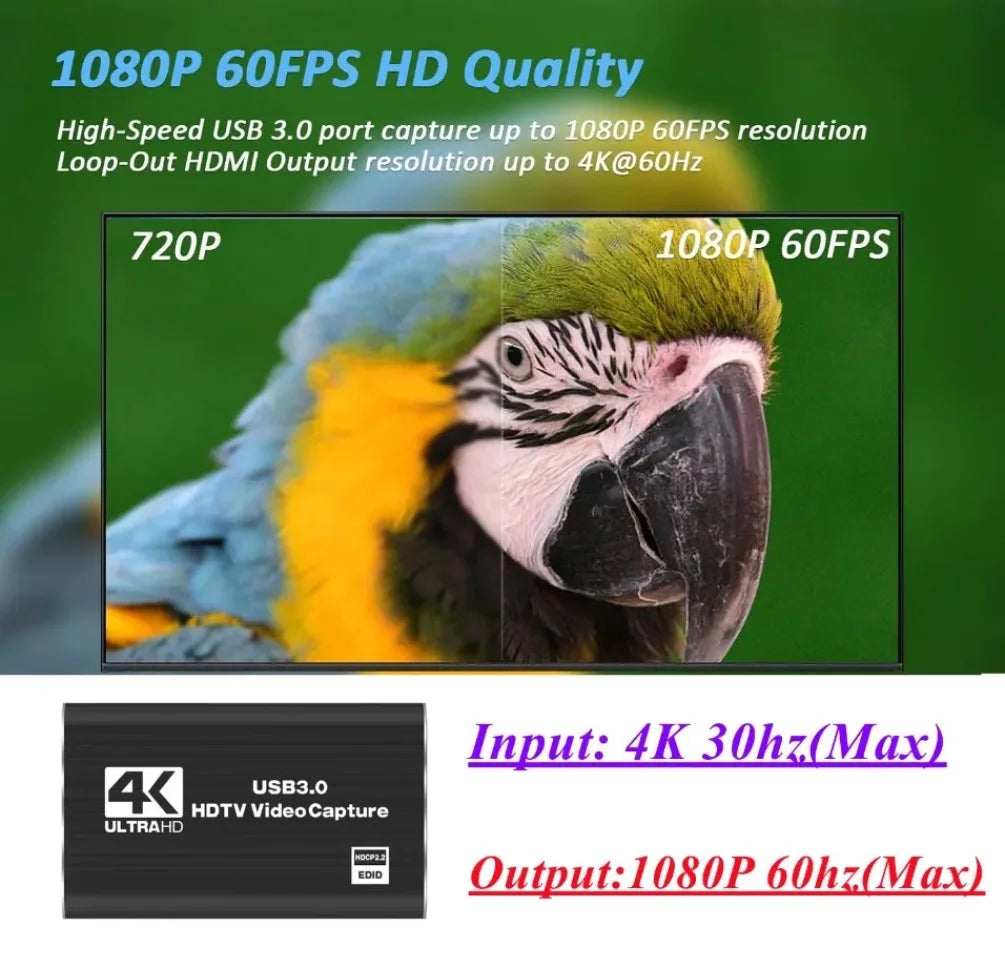 HDMI Capture Card USB 3.0 – 4K/30Hz ingång, 1080p/60fps inspelning för PS4, Xbox, Switch & OBS