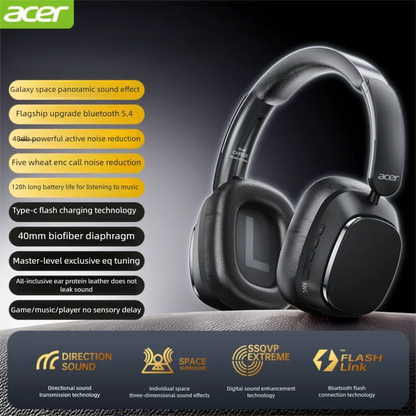 Acer OHR525 Bluetooth Headset ANC – Aktiv Brusreducering -48dB ENC 128h Batteritid 1000mAh USB-C Hopfällbar CE Beige Svart