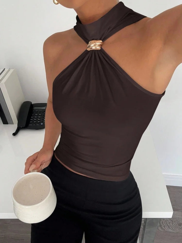 Dam Halterneck Crop Top – Metallring Twist Knot, Slim Fit Sommar Kontorsstil, 10 Färger