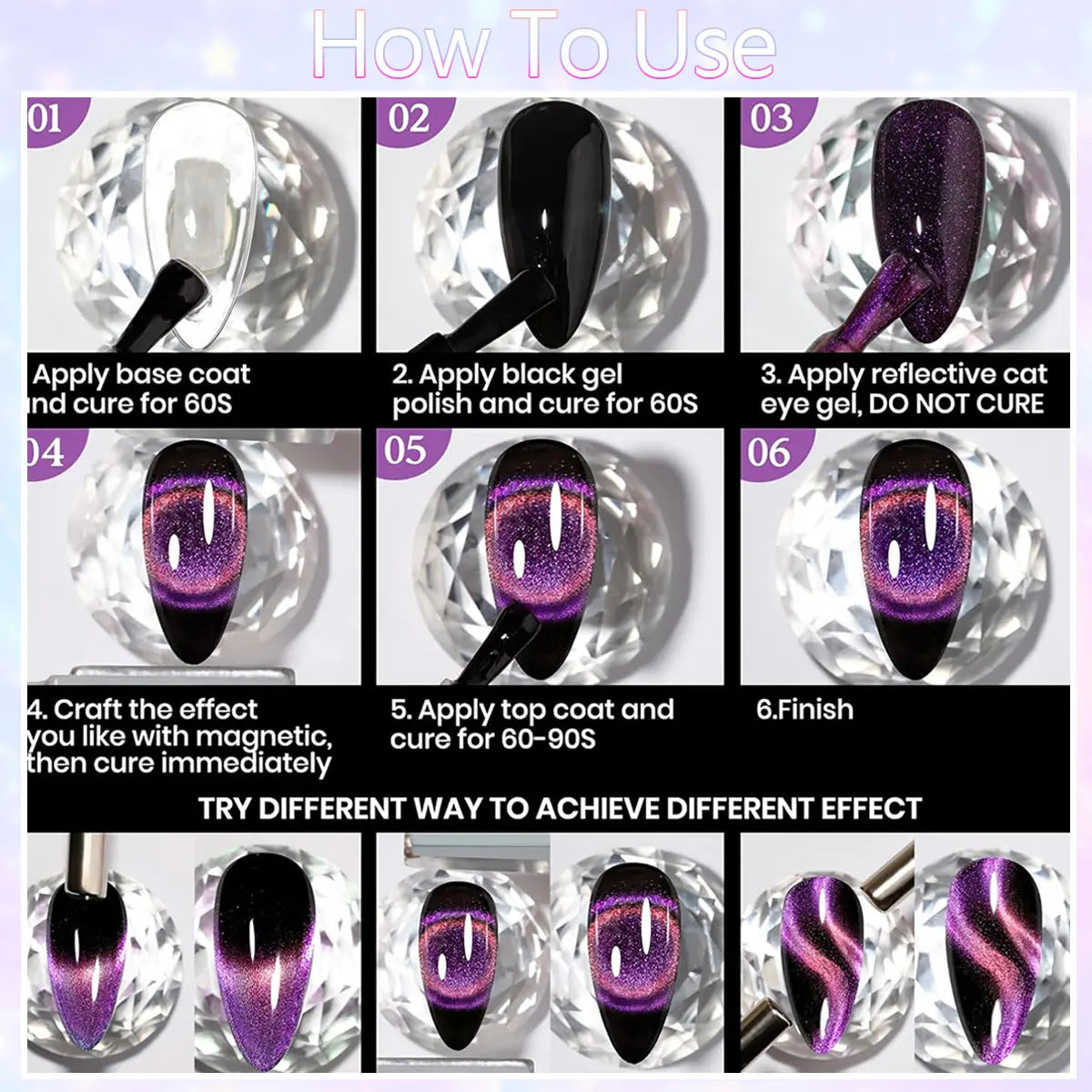 GAVY 5-Piece Two-Color Cat's Eye Gel Nail Polish Set + Black Base Gel + Magnetic Stick, for DIY Nail Art