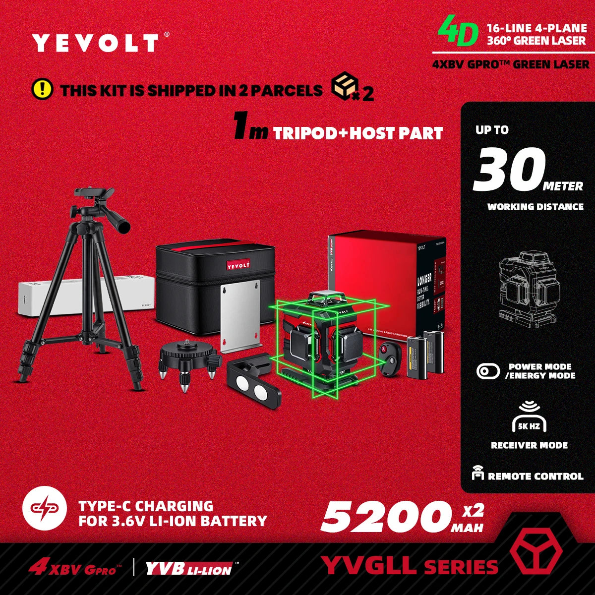 YEVOLT YVGLL4XS16 Grön Lasernivå 4D – 4 Plan, 16 Linjer, 3Ah/5,2Ah Batteri, Självnivellerande