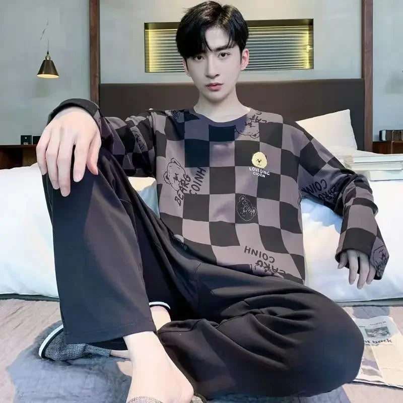 Herr Pyjamas Set Vår & Höst – Långärmad O-ringning & Rutiga Byxor Tunn, 5 Färger L–4XL
