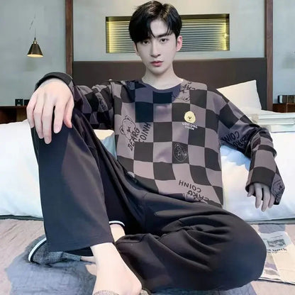 Herr Pyjamas Set Vår & Höst – Långärmad O-ringning & Rutiga Byxor Tunn, 5 Färger L–4XL