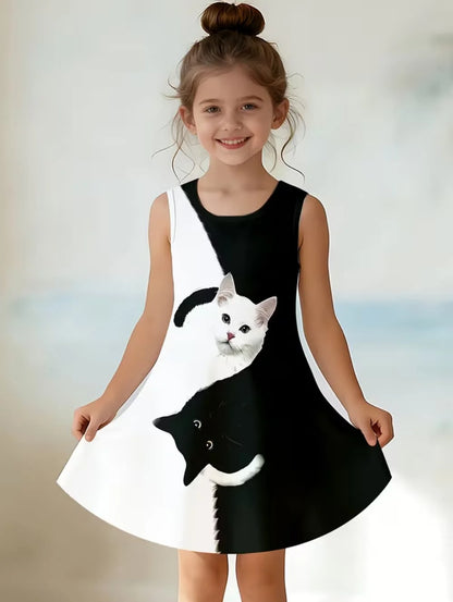 Girl Clothes Cartoon Cat Graphic Printed Girls' Princess Dress Summer Casual Dress for Girls Outfit O-Neck Birthday Gift Clothes