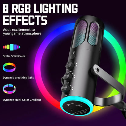 PUPGSIS Gaming USB Microphone, Noise Cancellation Condenser Mic with Mute, Gain, RGB Lights, Boom Arm Stand for Streaming, PC