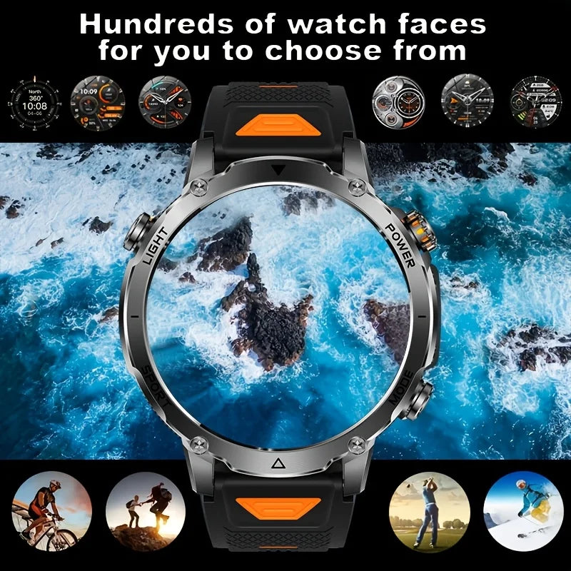 New 1400 mAh Battery Military Smartwatch Men IP68 Waterproof Flashlight Health Monitor Sports Call Smart Watch For iOS Android