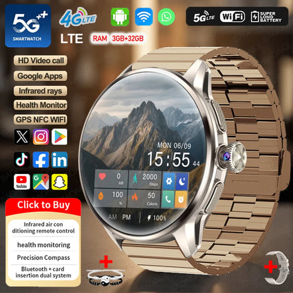 4G/3G Full Network Infrared Smart Watch 1.60 inch AMOLED Screen 800W Video Call  2100mAh Google Play WIFI GPS Compass Smartwatch