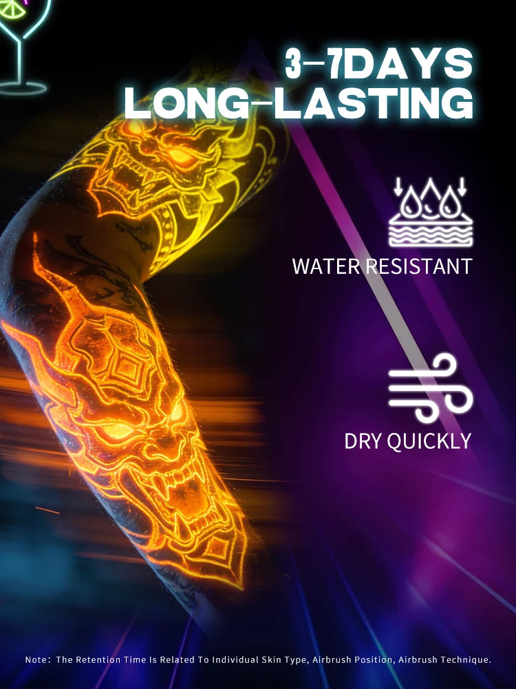 UV Airbrush Tattoo Ink 15ml Fluorescent Body Paint for Festival Waterproof Temporary Tattoo Last 3–7 Days Skin Safe Easy Removal