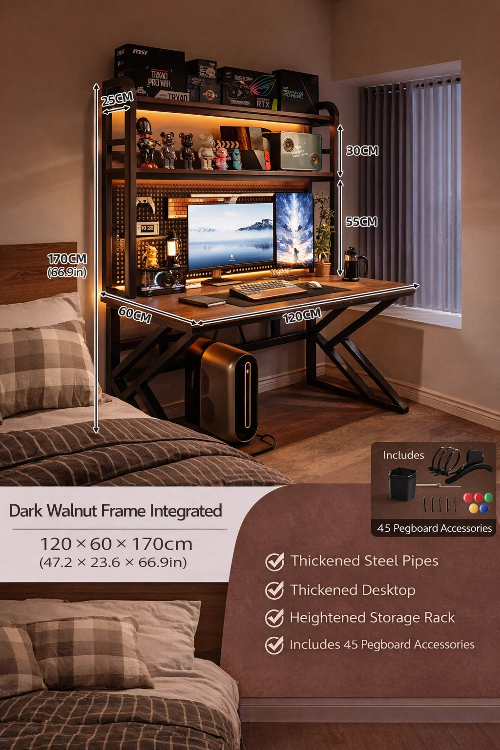 Gaming Desk with Bookshelf and Pegboard Computer Desk with Storage Shelf Home Office Study Desk for Bedroom Small Space