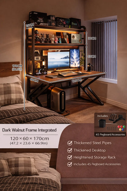 Gaming Desk with Bookshelf and Pegboard Computer Desk with Storage Shelf Home Office Study Desk for Bedroom Small Space