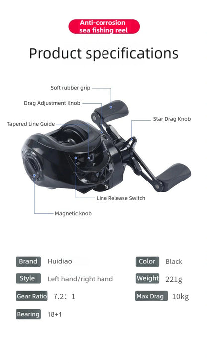 Huidiao Beginner Baitcasting Reel 7.2:1 Easy Casting Fishing Reel 10KG Max Drag 12-Level Magnetic Brake System for New Angler