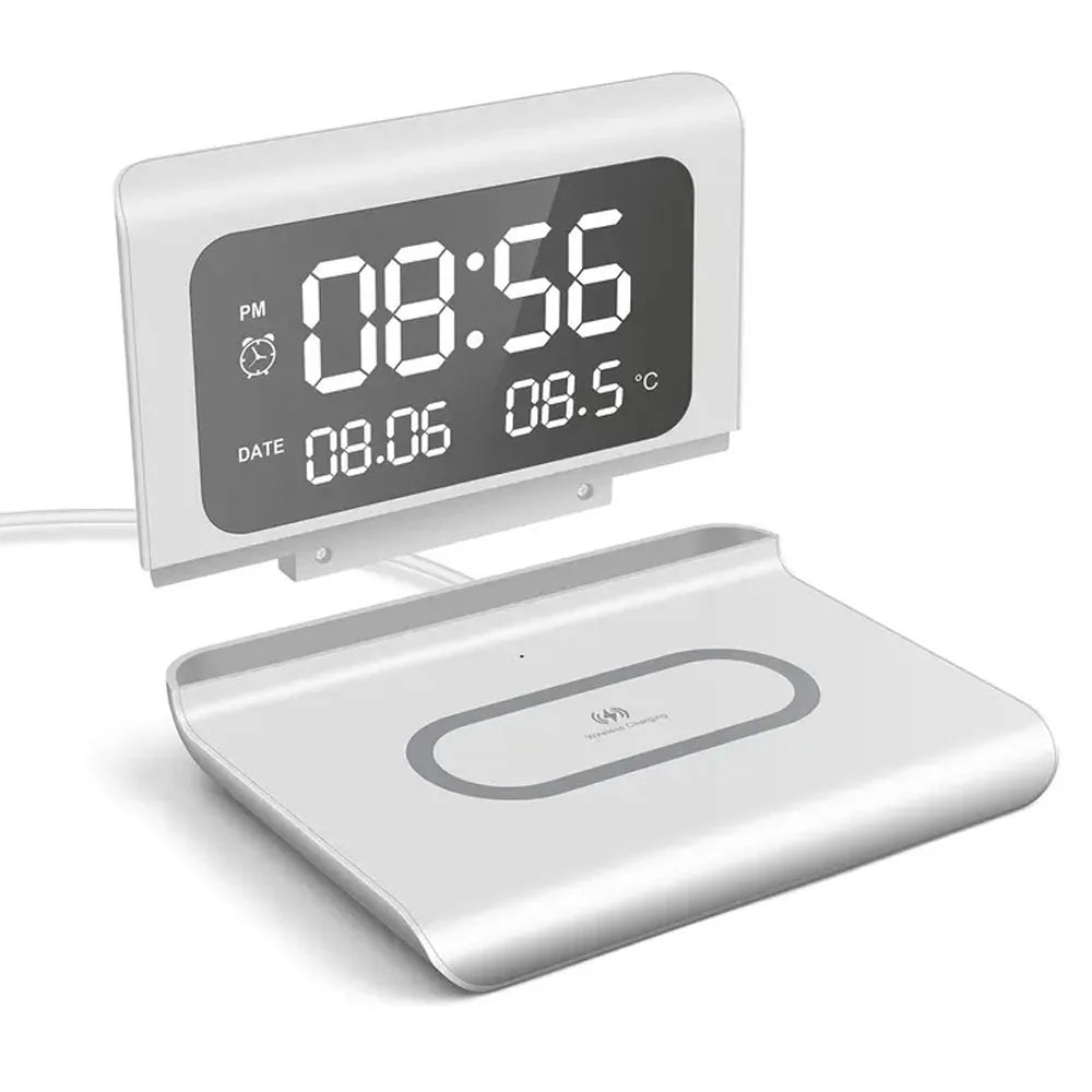 Trådlös Laddare 15W med Väckarklocka & Termometer – Qi USB-C iPhone 17–11 Samsung Xiaomi, 3 Alarm Celsius/Fahrenheit CE RoHS