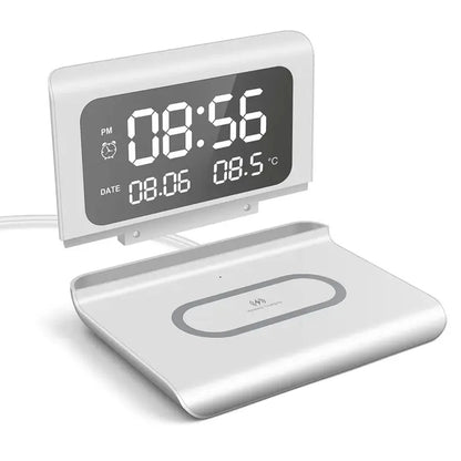 Trådlös Laddare 15W med Väckarklocka & Termometer – Qi USB-C iPhone 17–11 Samsung Xiaomi, 3 Alarm Celsius/Fahrenheit CE RoHS