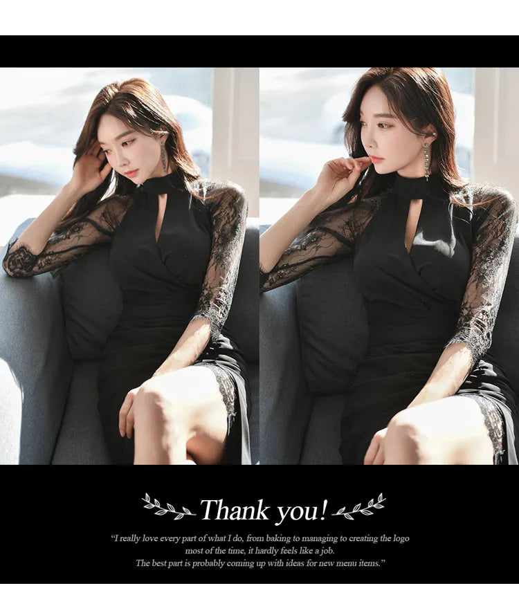 H Han Queen Hot Sale Elegant Fashion Lace Fold Split Pencil Dress Simple Series Dresses Women Korean Mid Office Casual Vestidos
