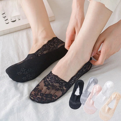 Women Socks Summer Thin Breathable Silicone Non-slip Invisible Lace No-show Boat Sock Transparent JK Fashion Casual Low Cut Sock