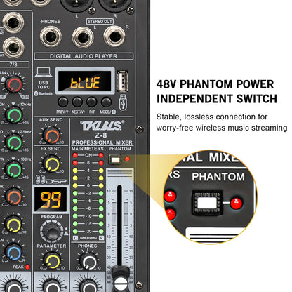 TKLBLS Z8 8 Channel Professional Mixer Bluetooth 48V 12V Battery Powered USB Studio Recording Live Show
