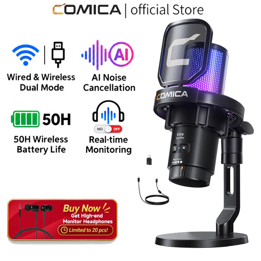 COMICA EJoy Uni Pro trådlös USB-mikrofon med RGB – välj arm eller stativ