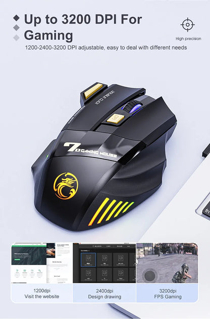 IMICE GW-X7 Wireless Gaming Mouse, 3200DPI Dual-Mode, 7 Programmable Keys, RGB Backlit Rechargeable