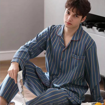 Casual Spring and Autumn Pajamas for Men, New Versatile Cardigan Long-Sleeved Long Pants Set, Simple and Stylish, Plus-Size Loungewear