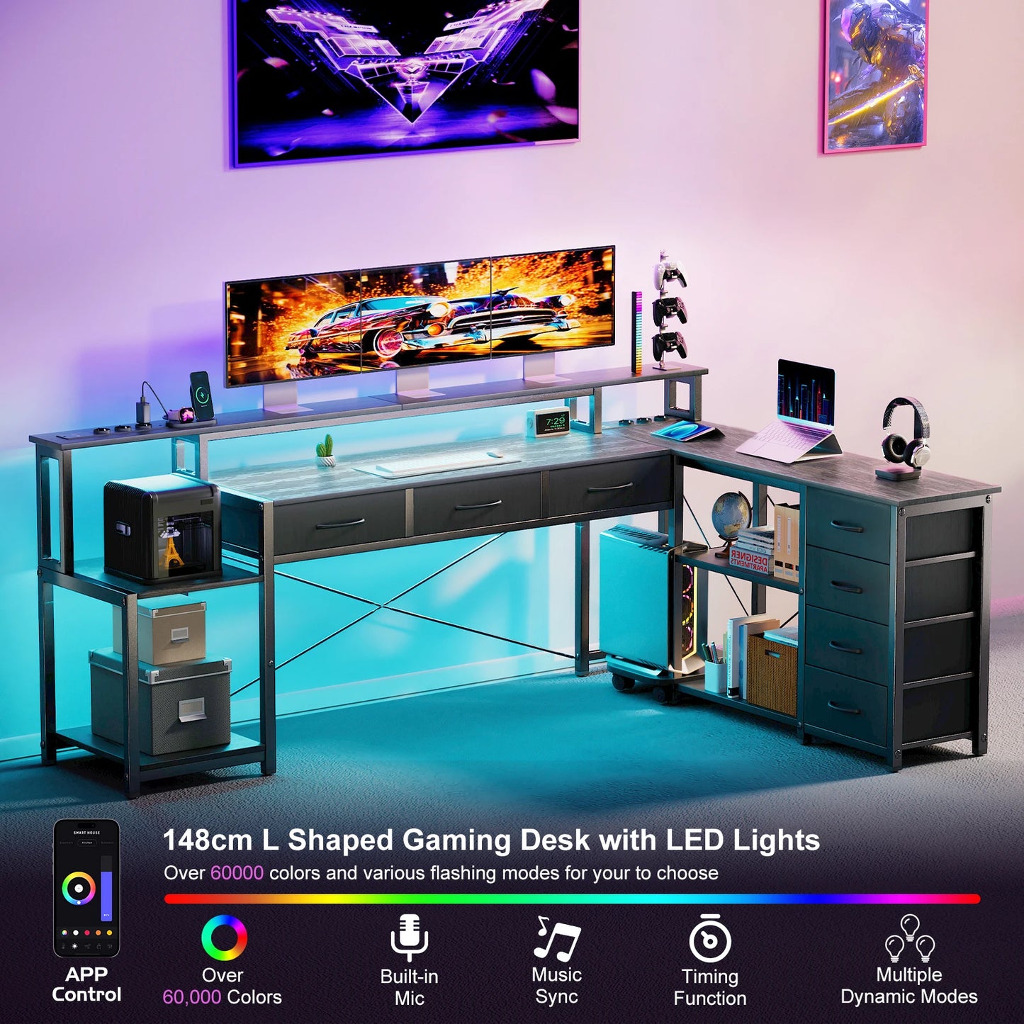 L Shaped Computer Desk with RGB LED Lights Reversible Gaming Desk Power Outlet Monitor Stand Drawers Storage