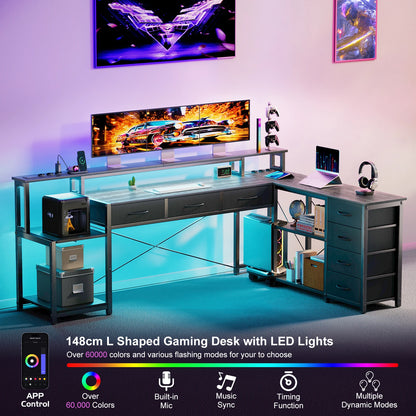 L Shaped Computer Desk with RGB LED Lights Reversible Gaming Desk Power Outlet Monitor Stand Drawers Storage