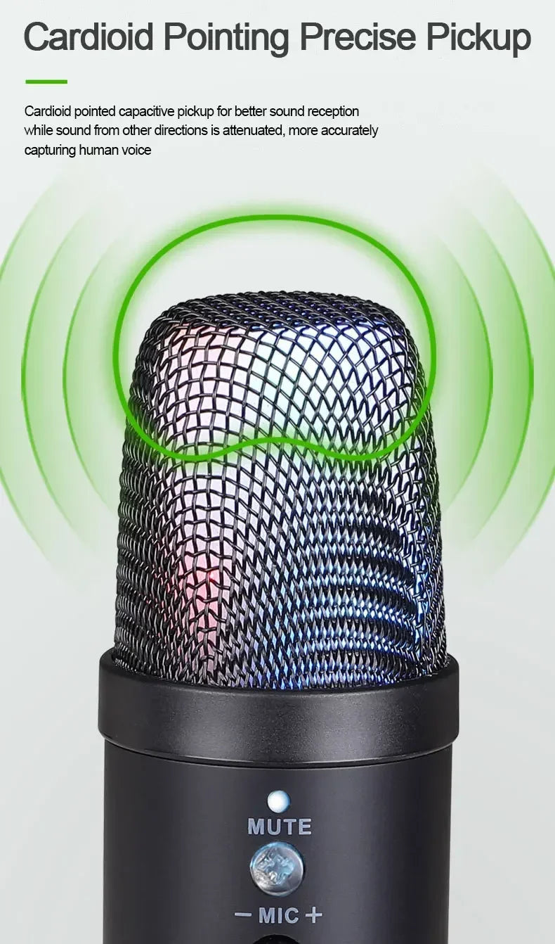 USB Gaming Microphone for PC Condenser Podcast Mic for Studio Recording Headphone Jack RGB Noise Cancellation with Mute Button