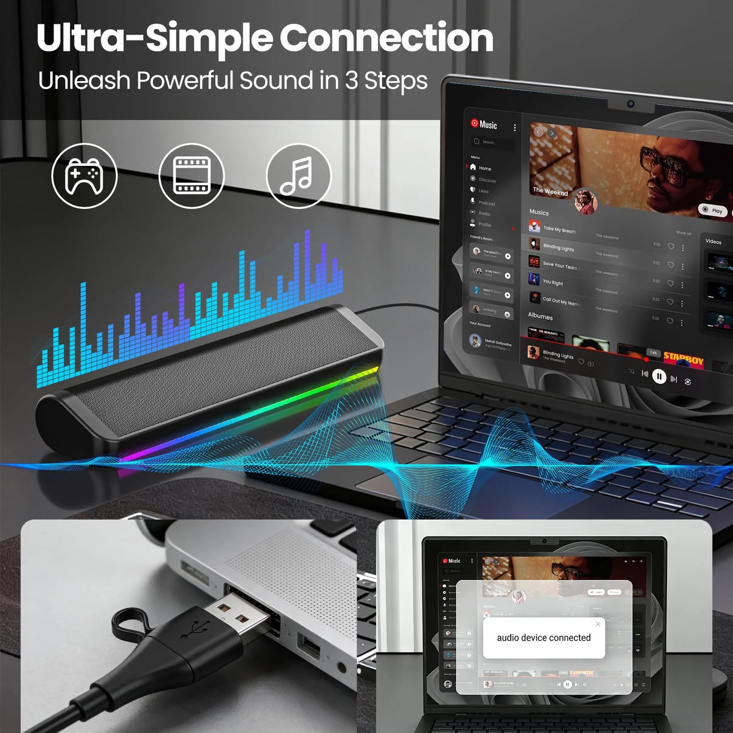 Wired Bluetooth Computer Speaker Soundbar Stereo RGB USB One Line Game Subwoofer For Laptop Notebook PC Music Player Loudspeaker