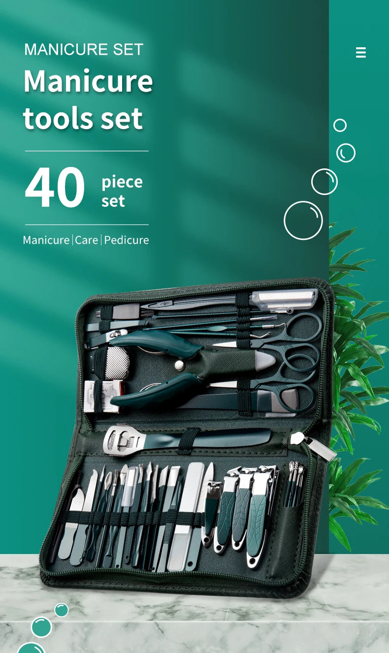 40Pcs Manicure Set Nail Clippers Kit Cuticle Scissors Stainless Steel Foot Care Tools with Leather Case Foot Rasps Callus Shaver