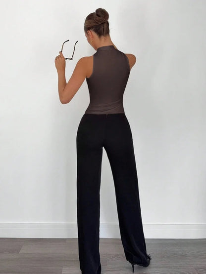 Dam Halterneck Crop Top – Metallring Twist Knot, Slim Fit Sommar Kontorsstil, 10 Färger