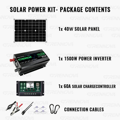 Grennova Solcellskit 750W – Ren Sinusvåg 1500W Peak + 40W Panel + 60A MPPT, 110V/220V Off-Grid Husbil Camping