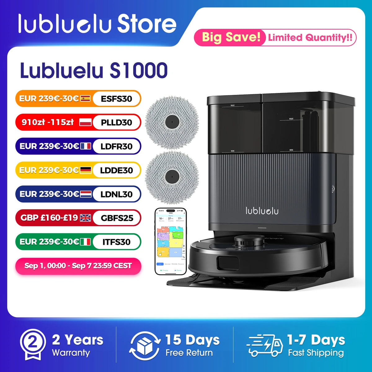 Lubluelu S1000 Robotdammsugare och Mopp med All-in-One-station