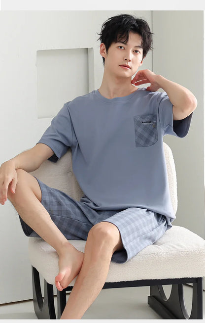 Antibacterial Cotton Pajamas for Men Summer Short Sleeve Shorts Long Pant Three-Piece Set Simple Solid Color Loose Homewear