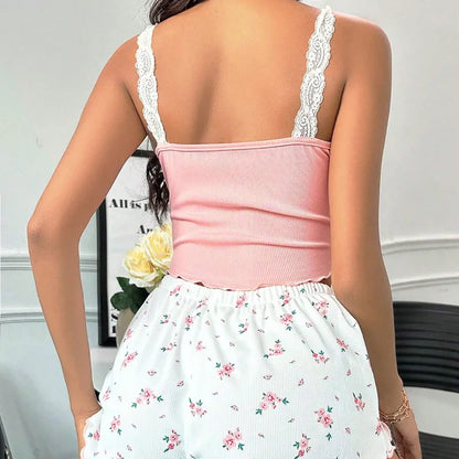 Dam Pyjamas Set – Spets V-ringad Cami-Topp & Mönstrade Shorts, Rosa & Khaki
