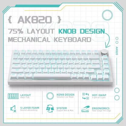 AJAZZ AK820 mekaniskt tangentbord – 75 % ANSI, volymvred och hot-swap