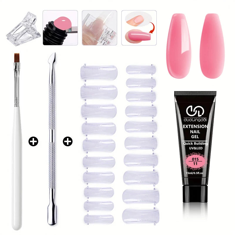 Salon & Home Nail Art Kit - 0.51oz Odorless Quick Build Gel Extension Set with 20 Nail Forms & Tools | Professional UV Sculpting