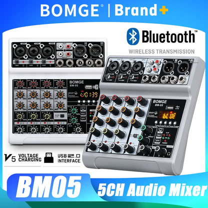 BOMGE 5 Channel Mixer with 3 Mic Line Input 48V Stereo Bluetooth MP3 PC U Dish Recording for Studio with Headphone Monitoring