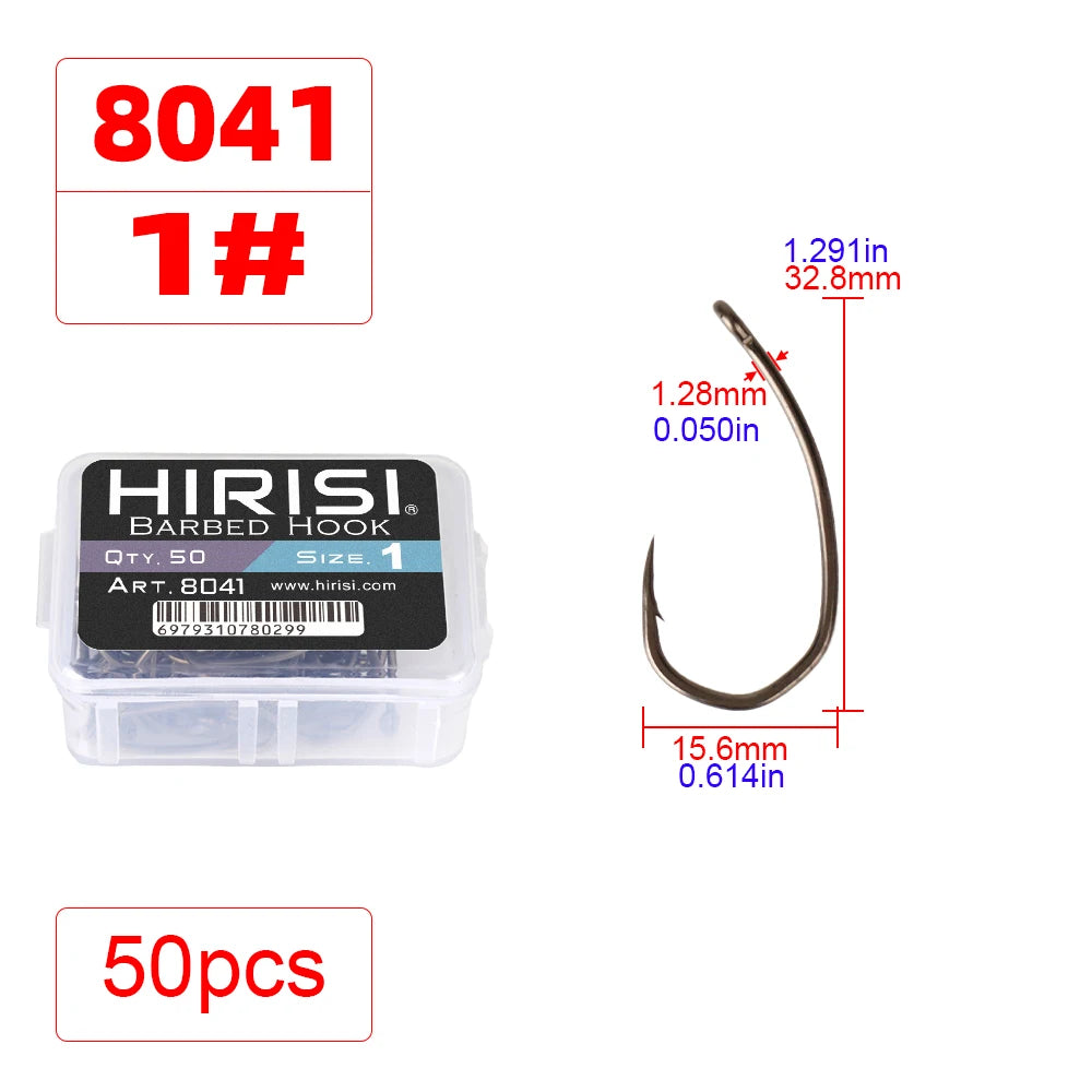 Hirisi 8041 50Pcs PTFE Coated Fish Hook High Carbon Stainless Steel Anti-Rust Sharp Point Barbed With Eye for Fishing Accessory