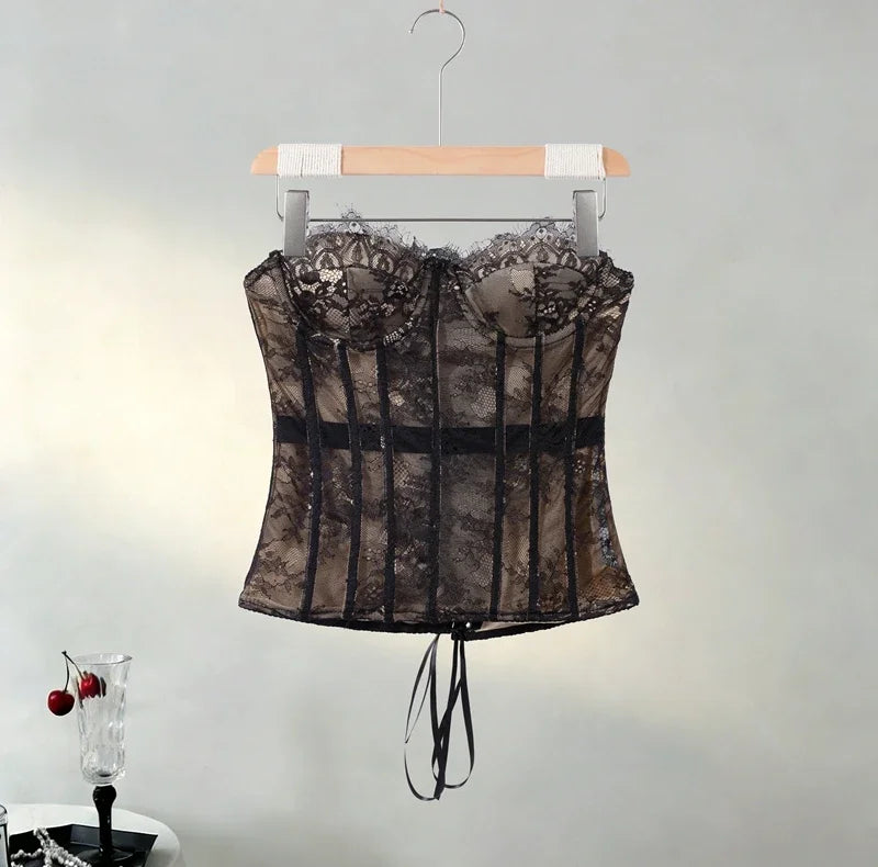 Sexy Women's Lace Fishbone Bandage Vest Black Slim Strapless Backless Female Corset 2026 Spring Summer Lady Beach Party Top New