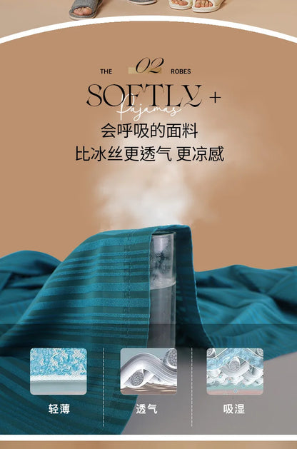 New Stripe Couple Bathrobe Cool Thin Spring Autumn Mid-Length Water Absorbent Loungewear Robe Men Women Luxury Home Nightgown