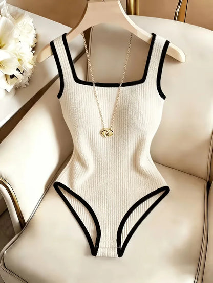 Dam 3-delat Ribbat Bodysuit-set – Fyrkantig Urringning Midjebetonande Backless Strand Nattliv Elegant, 4 Färger XS–XL