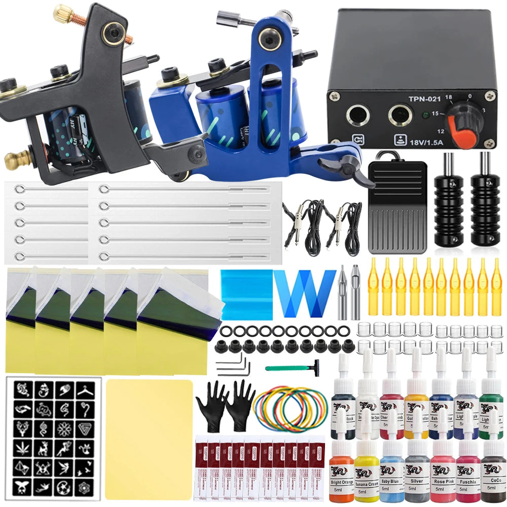 Complete Tattoo Machine Kit Power Supply with Tattoo Needles Ink Accessories Set for Tattoo Body Art Tool Permanent Makeup Kit