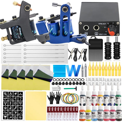 Complete Tattoo Machine Kit Power Supply with Tattoo Needles Ink Accessories Set for Tattoo Body Art Tool Permanent Makeup Kit
