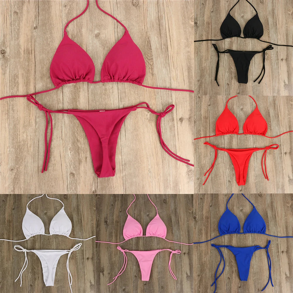 Women Thong Bikini Set Side Lace-up Sexy Swimsuit Bandage Neck Tie Swimwear Brazilian Style Bikini Underwear
