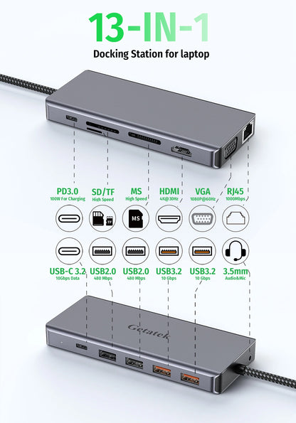Getatek 13-i-1 USB-C-hubb med HDMI, VGA, RJ45 och kortläsare