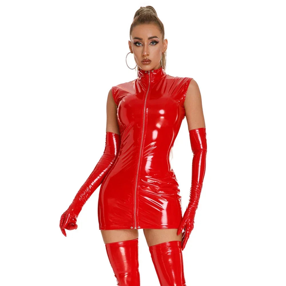 Women Latex Leather Lingerie Hot Exotic Mini Dress PVC Wet Look Leather Sleeveless Zip Bodycon Dress