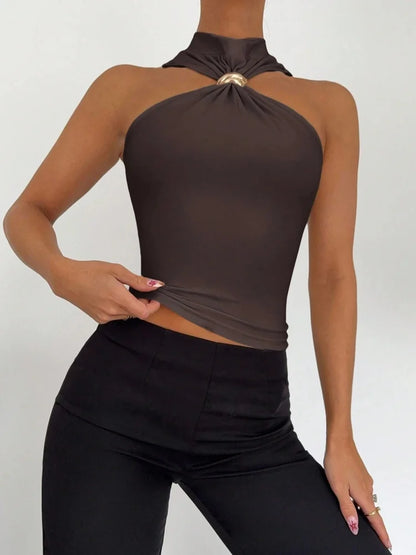 Dam Halterneck Crop Top – Metallring Twist Knot, Slim Fit Sommar Kontorsstil, 10 Färger