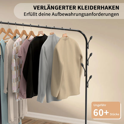 Klädställning i metall med klädstång, sidokrokar och hyllförvaring